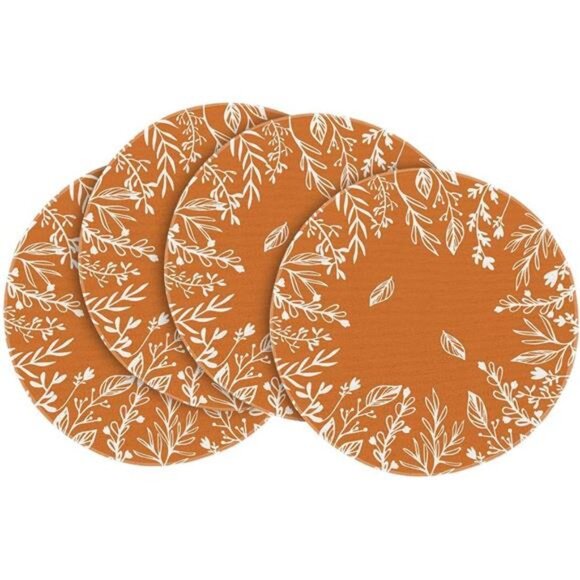 Orange Eucalyptus Leaves Round Fall Placemats Set of 4, 14 Inch Seasonal Autumn - Picture 1 of 7